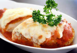 Chicken Parmigiana, White Rice and Carrots
