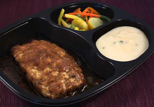 Homestyle Meatloaf Slices with Onion Brown Gravy, Mashed Potatoes & Vegetables - Individual Meal