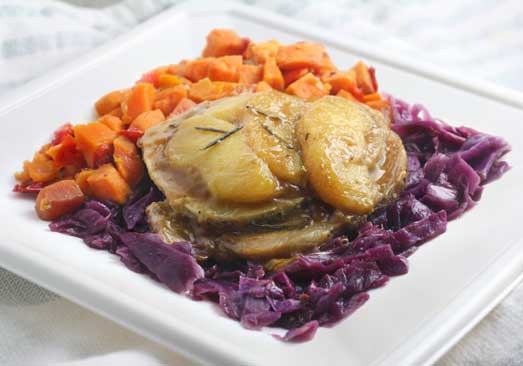 Apple Glazed Pork & Sweet Potato Hash over Braised Cabbage with Raisins - Individual Meal