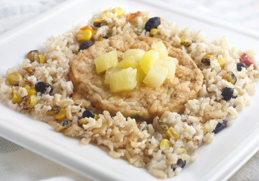 Mesquite Smoked Salmon Cake over Brown Rice with Grilled Pineapple, Black Beans and Corn - Individual Meal