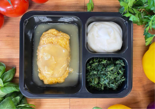 Breaded Chicken Stuffed with Broccoli & Cheese with Gravy, Mashed Potatoes & Spinach - Individual Meal