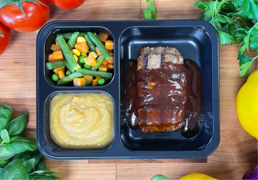 Beef Shaped Rib Patty with BBQ Sauce, Mashed Sweet Potatoes & Mixed Vegetables - Individual Meal
