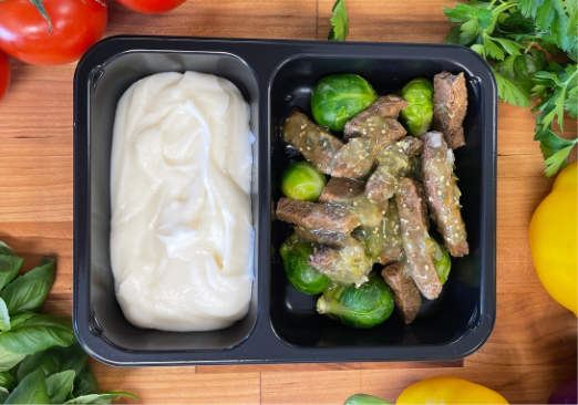 Beef with Salsa Verde, Mashed Potatoes & Brussel Sprouts - Individual Meal