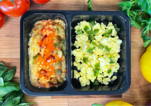 Scrambled Eggs over Creamy Polenta with Peppers & Creole Jambalaya Sauce - Individual Meal