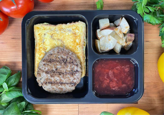 French Toast with Turkey Sausage Patty, Potatoes and Strawberries - Individual Meal