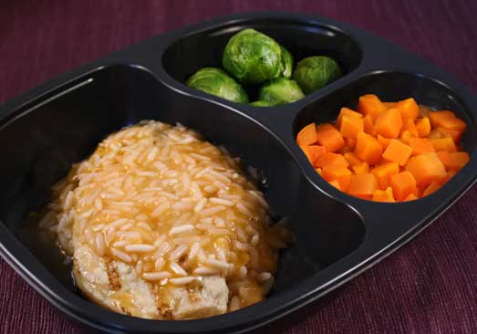 Chicken Patty with Apricot Rice, Carrots, Brussels Sprouts -Individual Meal