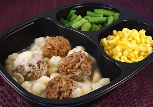 Beef Meatballs & Alfredo Shell Pasta, with Corn & Green Beans -Individual Meal