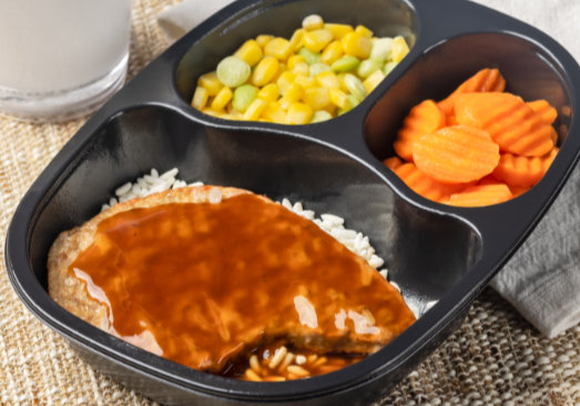 Pork Patty and Rice with Roasted Garlic Gravy and Succotash Carrots - Individual Meal