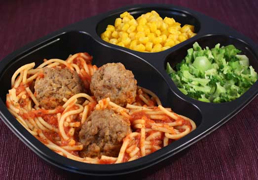 Spaghetti & Meatballs with Whole Kernel Corn & Broccoli Florets - Individual Meal