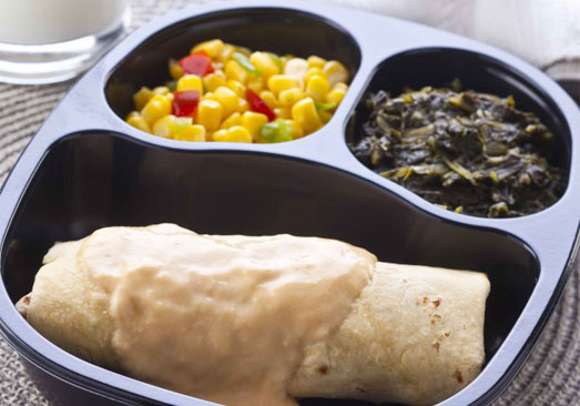 Chicken & Bean Red Burrito with Cheese Sauce, Spinach and Corn with Peppers - Individual Meal