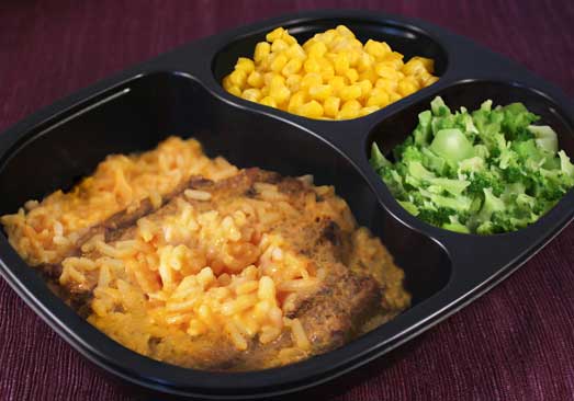 Beef Patty Over Cheesy Chipotle Rice, Corn & Broccoli