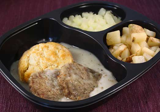 Sausage Patties & Biscuit with Country Gravy, Hashbrowns & Cinnamon Apples - Individual Meal