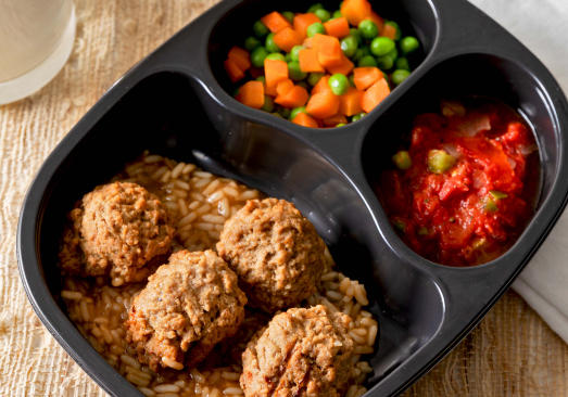 Meatballs with Rice & Gravy, with Stewed Tomatoes & Peas and Carrots - Individual Meal