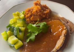 Sliced Beef Pot Roast in Gravy with Mashed Sweet Potatoes & Zucchini - Individual Meal