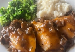Chicken Breast with Rib Meat in Marsala Wine Sauce with Garlic Mashed Potatoes & Broccoli - Individual Meal