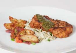 Flame Broiled Chicken Thigh Saltado, Cilantro Basmati Rice and Green Chimichurri