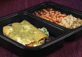 Chicken Cheese Enchilada with Tomatillo Sauce, Rice & Pinto Beans