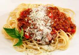 Spaghetti Pasta with Beef Bolognese Sauce and Parmesan Cheese