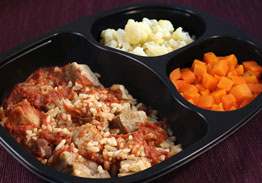 Roast Pork with BBQ Sauce, Brown Rice with Kidney Beans, Cauliflower, Carrots - Individual Meal