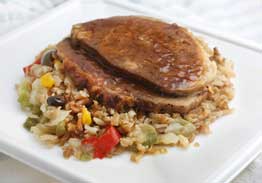 Roasted Pork with Hickory Barbecue Sauce over Southwestern Style Rice and Mixed Vegetables - Individual Meal