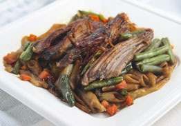 Beef Pot Roast with Red Wine Sauce over Noodles with Carrots & Green Beans - Individual Meal