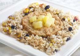 Mesquite Smoked Salmon Cake over Brown Rice with Grilled Pineapple, Black Beans and Corn - Individual Meal