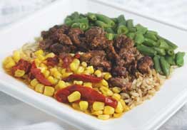 Beef with Smoky Barbecue Sauce over Rice with Corn & Green Beans - Individual Meal