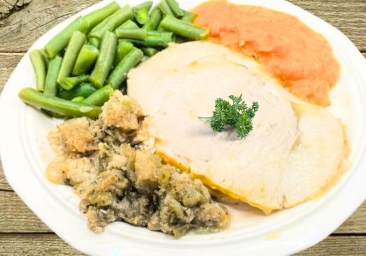 Roasted Turkey w/Gravy, Stuffing, Mashed Sweet Potatoes & Green Beans