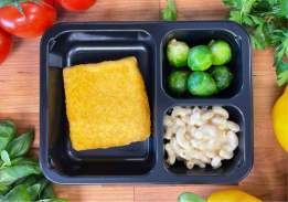 Crunchy Breaded Fish Mac & Cheese and Brussels Sprouts