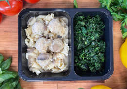 Chicken Meatballs with Creamy Brown Gravy, Noodles & Spinach - Individual Meal