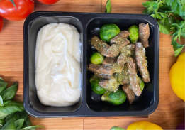Beef with Salsa Verde, Mashed Potatoes & Brussel Sprouts - Individual Meal