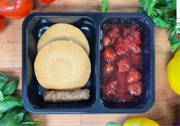 Pancakes with Chicken Sausage & Strawberry Sauce