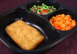 Breaded Pollock, Peas with Mushrooms, Onions, Red Peppers, Carrots - Individual Meal