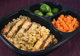 Teriyaki- Glazed Chicken Breast Patty with Brown Rice, Sweet Potatoes & Brussels Sprouts - Individual Meal
