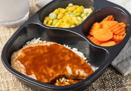 Pork Patty and Rice with Roasted Garlic Gravy and Succotash Carrots - Individual Meal