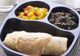 Chicken & Bean Red Burrito with Cheese Sauce, Spinach and Corn with Peppers - Individual Meal