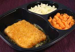 Breaded Fish & Alfredo Spinach Sauce, Sweet Potatoes & Cauliflower - Individual Meal