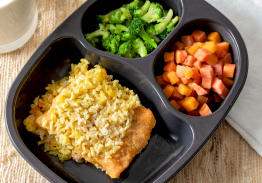 Breaded Fish & Coconut Curry Rice, Cinnamon Apples & Broccoli - Individual Meal