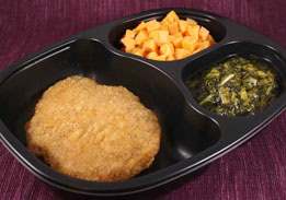 Breaded Veal Patty, Diced Sweet Potatoes with Cinnamon, & Mixed Greens - Individual Meal
