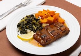 BBQ Pork Rib Pattie, Cubed Sweet Potatoes, Turnips with Roots - Individual Meal