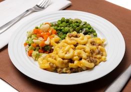 Macaroni and Beef with Cheddar Cheese, Peas, Peppers, Onions and California Blend - Individual Meal